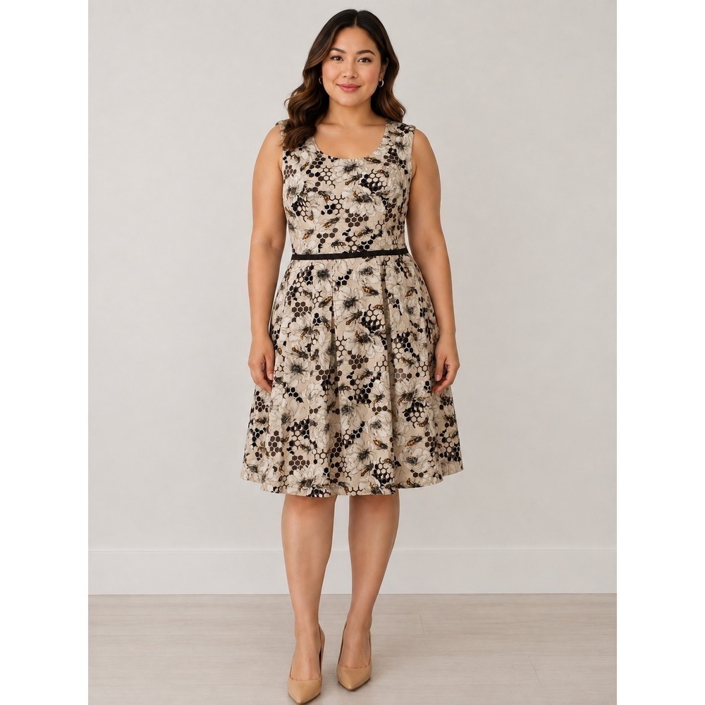 B39 Carolina Herrera Midi Dress 14 Beige Bee Floral Novelty Pleated Garden Party